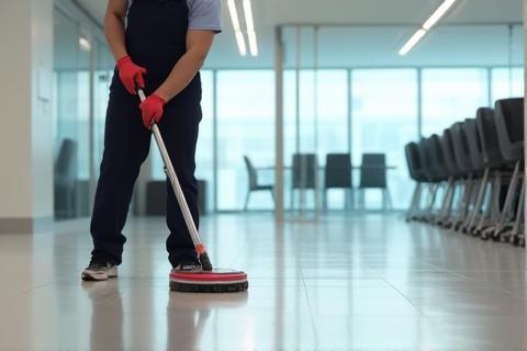 Bir kişi ofis zeminini temizliyor
